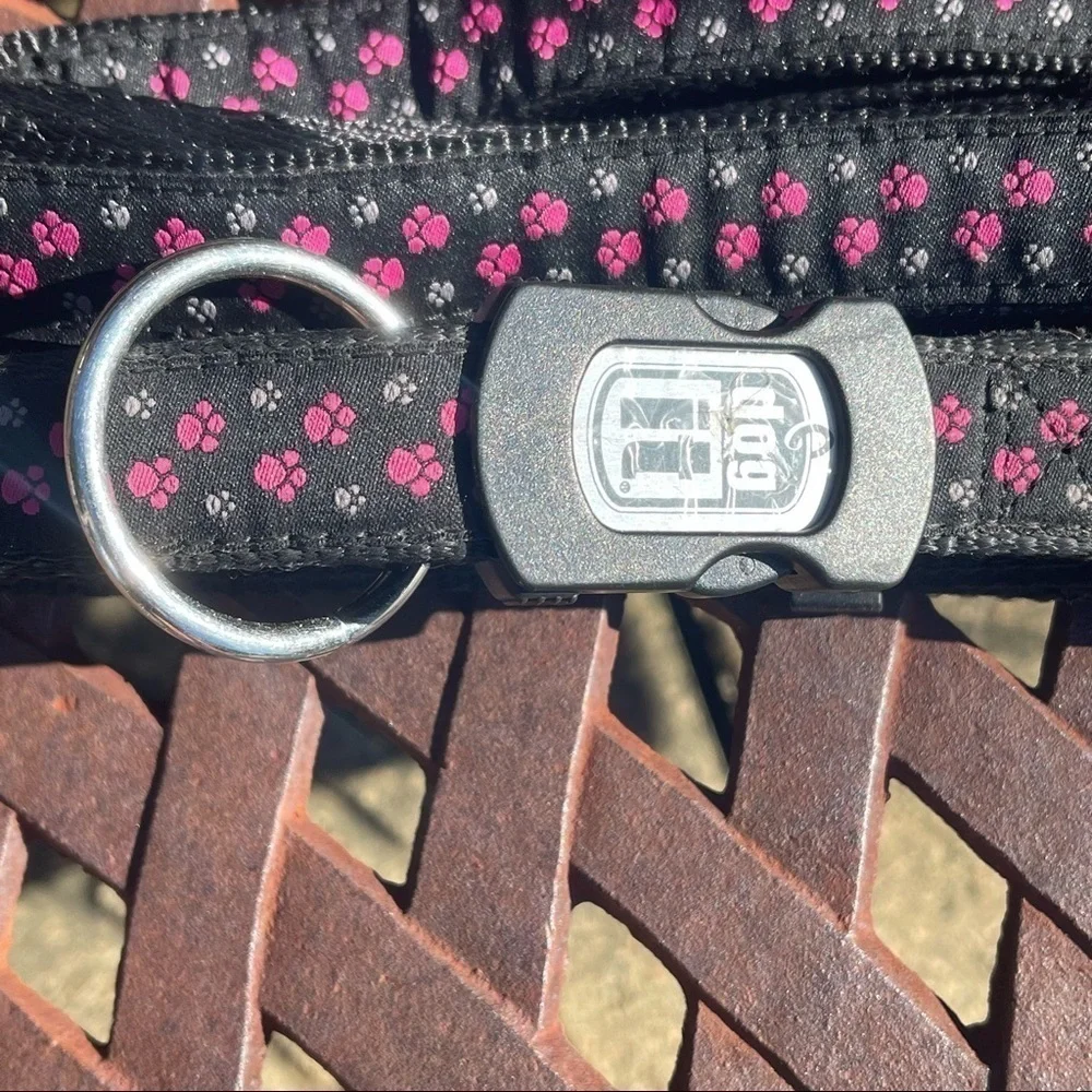 Dog It Collar & Leash Set Black With Pink & Gray Paw Prints, SilverTone…